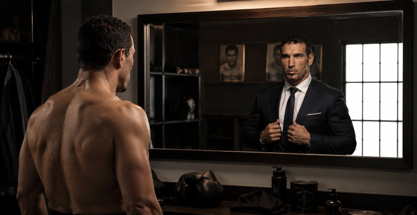 Fırat Arslan blickt als ehemaliger Box-Weltmeister auf sein Spiegelbild im Anzug – Symbol für seinen Weg vom Profiboxer zum Mentor und Motivationscoach